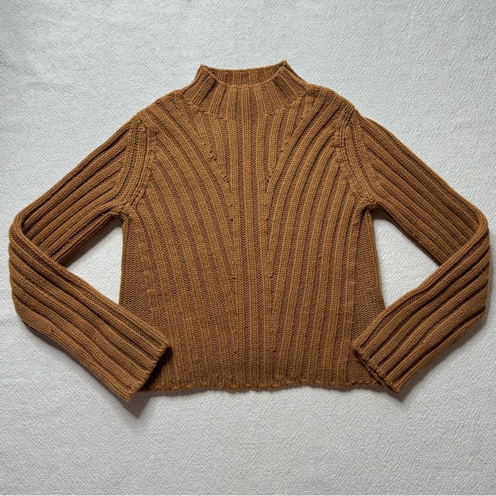 VINCE Wool Cashmere Blend Chestnut Brown Mock Neck Chunky Ribbed Sweater XS - Picture 2 of 5